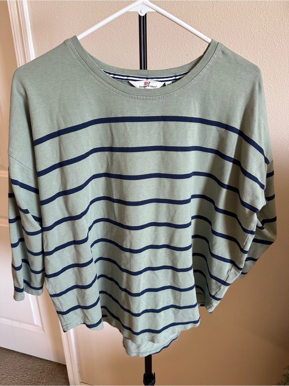 Vineyard Vines Sage Green and Navy Striped Long Sleeve Tee